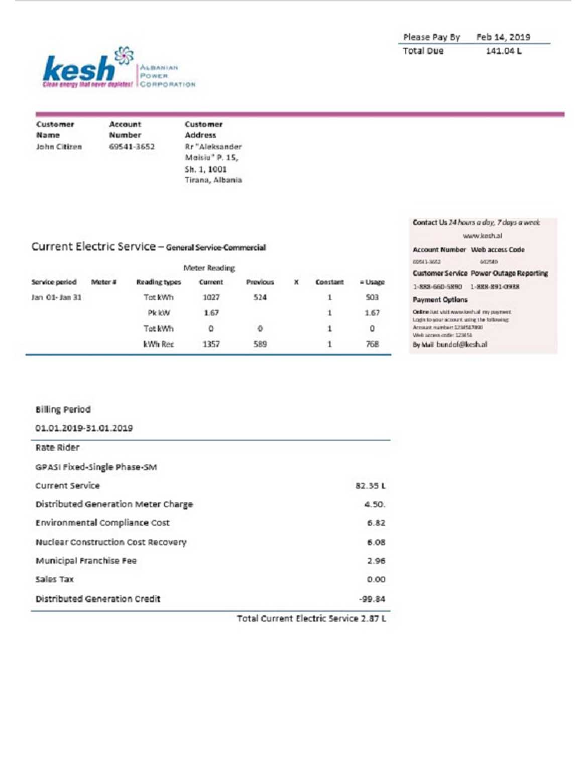 Albania Albanian Power utility bill, PDF and Word download template
